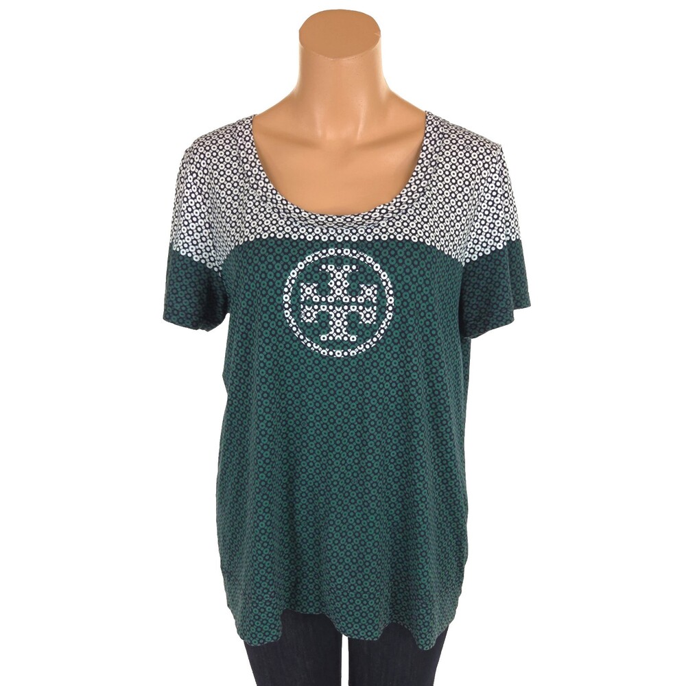 Tory Burch Logo Pima Cotton T-Shirt Size L Green Blue Tee Top $128